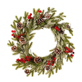 

Christmas Garland PE Pine Cone Red Fruit Wreath Romantic Christmas Decoration White Flocking Pendant with Frost Ornaments Arts