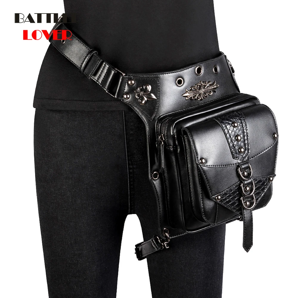 Cool SteamPunk Leather Waist Bag Retro Hiking Crossbody Bag Rock Men Women Gothic Black Fanny Packs Fashion Motorcycle Leg Bags