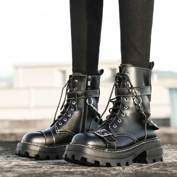 comprar Inverno/outono Martin Boot Curto Tornozelo/meados De Bezerro Lolita Botas Nova Plataforma De Couro Genuíno Da Motocicleta Do Punk Gótico Mulher Goth Sapatos
