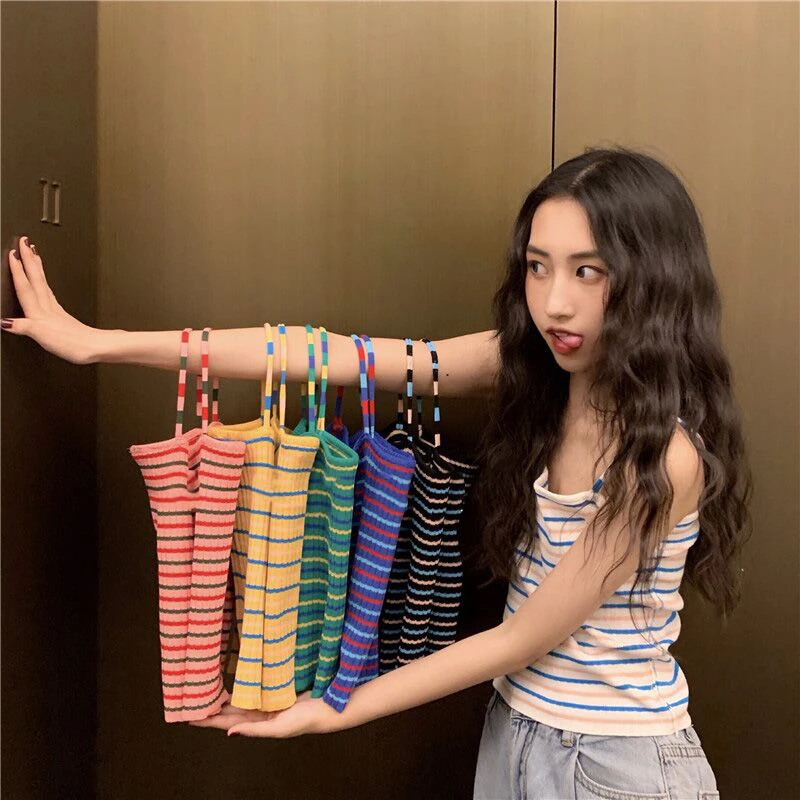 

Summer Women Knitting Striped Tank Crop Tops Girls Knitted Knitwear Camisole Sleeveless Tee Shirts Camis With Spaghetti Straps