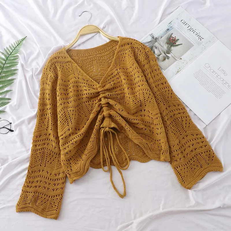 

HELIAR Women 2019 Spring Hollow Out Sweater V-Neck Draw Rope Design Long Sleeve Knitted Shirt Pullover and Sweater Loose C