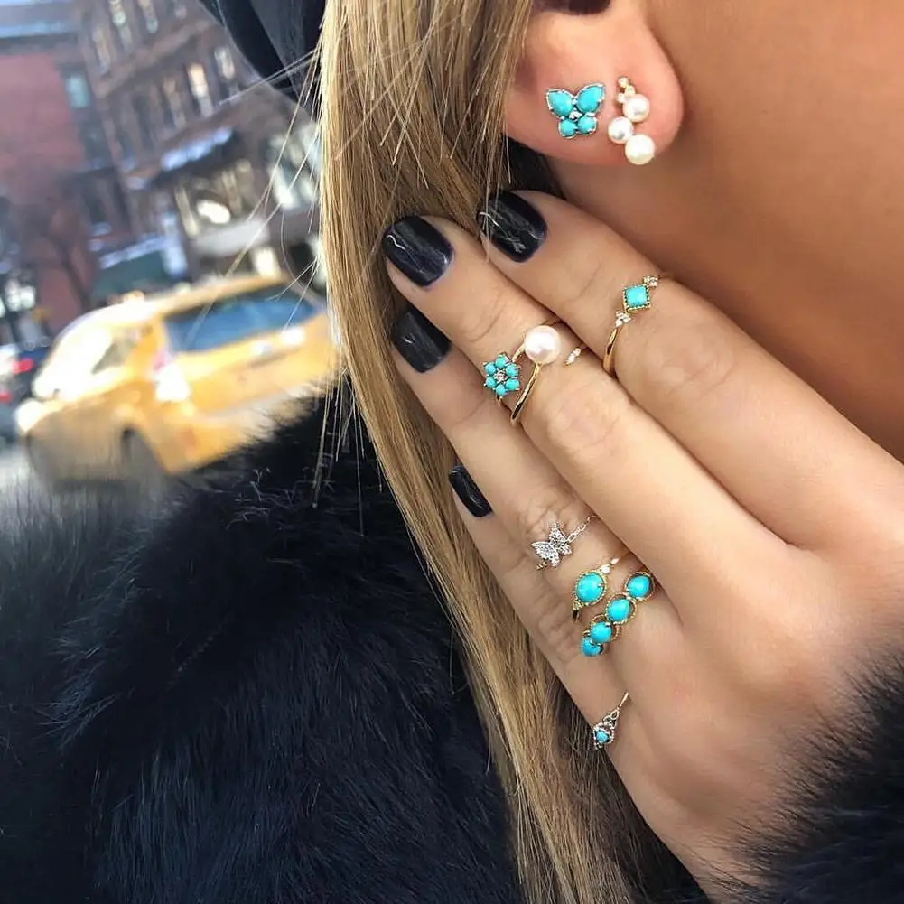 

9Pcs/Set Retro Women Butterfly Faux Pearl Knuckle Midi Ring Stud Earring Jewelry New Chic