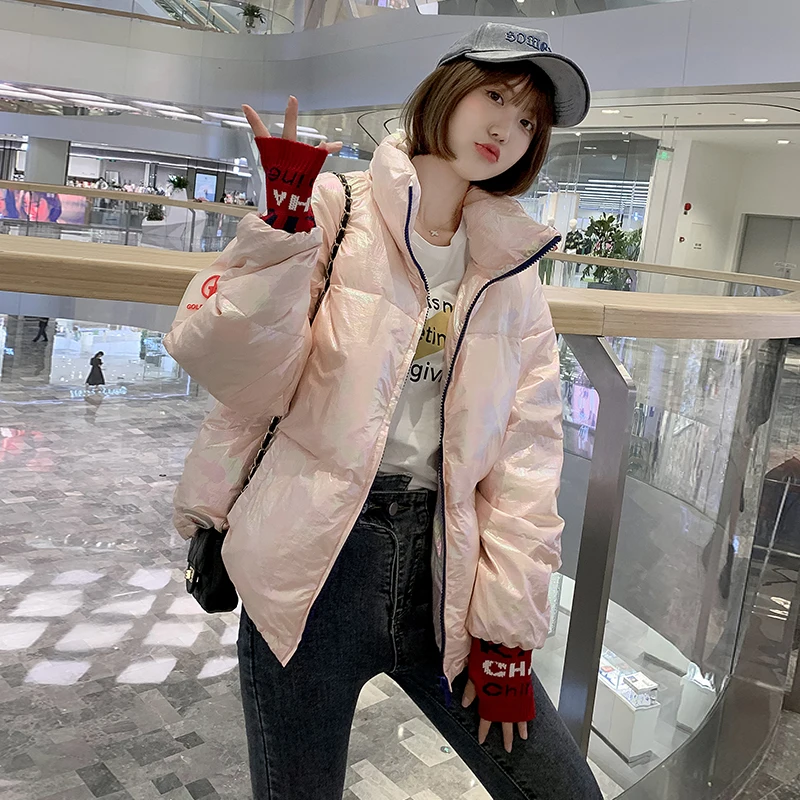 Цветной Блестящий свитер лоскутный пуховик женский корейский Свободный сплошной цвет хлопковое пальто - Цвет: pink
