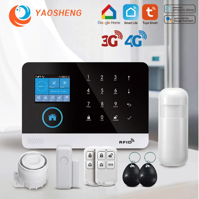 Wireless WIFI 4G Home Security Alarm System For Tuya Smartlife APP With Pet Motion Sensor Smoke Detector supports Alexa & Google |