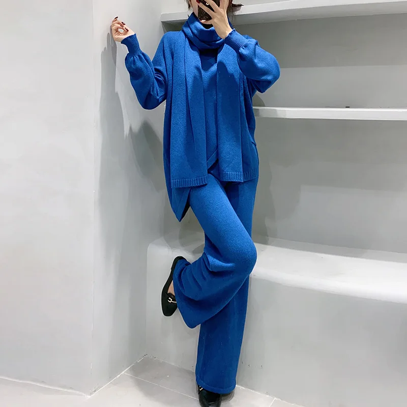 

Winter Casual Tracksuit Women 3 Pieces Set Thick Knitted Pullover Sweaters Elastic Waist Straight Pants + Scarf Women's Sets