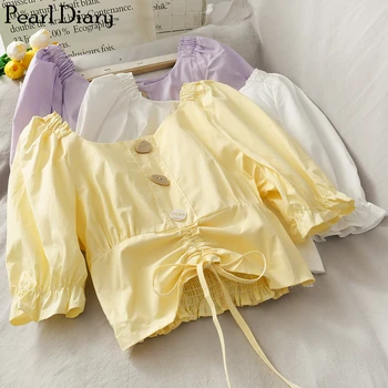 Pearl Diary Drawstring Crop Top Women Scoop Neck Ruched Front Button Placket Blouson Sleeve Top Elastiated Cuff Femme Crop Top knot front spot crop top