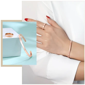 

Minimalist Rose Gold Color Cuff Bangle Bracelet and Ring Jewelry Sets for Women Jewelry Custom Gifts Free Personalize Engrave