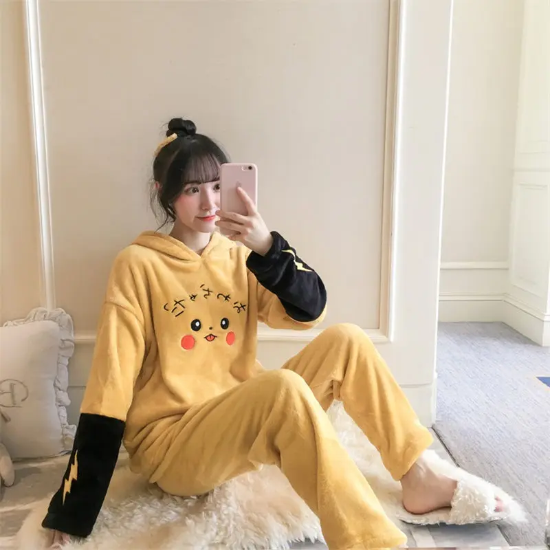 Японское аниме Pikachu фланелевая домашняя одежда Пикачу, мягкая Пижама с ушками для влюбленных, Семейные комплекты одежды для сна, штаны для косплея, костюм