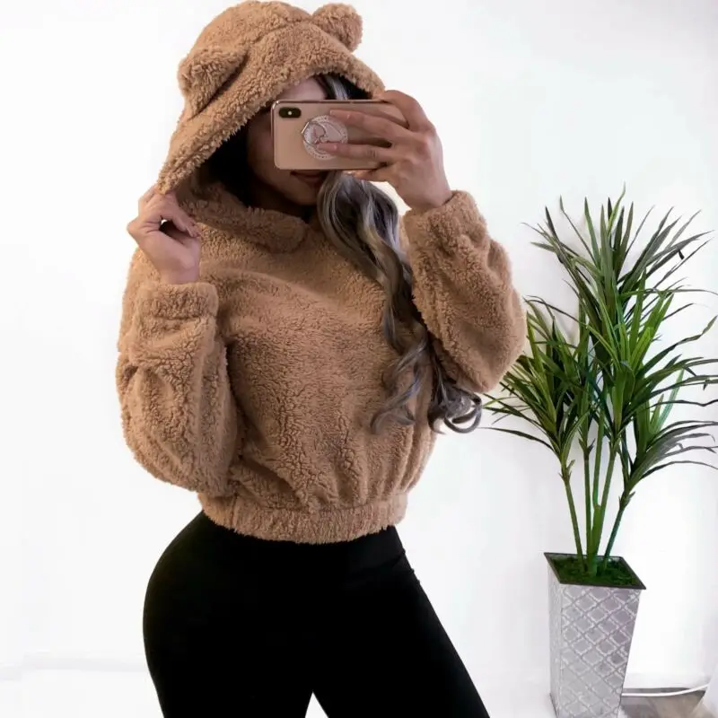 

2020 Autumn Female Pullover Solid Color Tops Fashion Sweater Winter Women Fluffy Sweater Bear Ear Sweatershirt