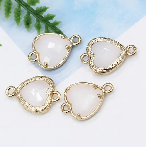 white jade 12p10мм со стразами, в форме сердца, ограненный стеклянный кулон в рамке, ожерелье, соединитель, серьги, фурнитура, 2 петли, ювелирные изделия, металлические бусины - Цвет: white jade