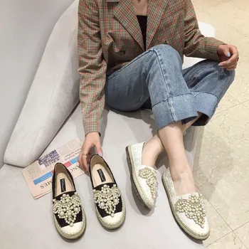 

LazySeal Summer Women Loafer Round Toe Espadrilles Pearl Comfortable Hemp Women Shoes Slip On Zapato Mujer