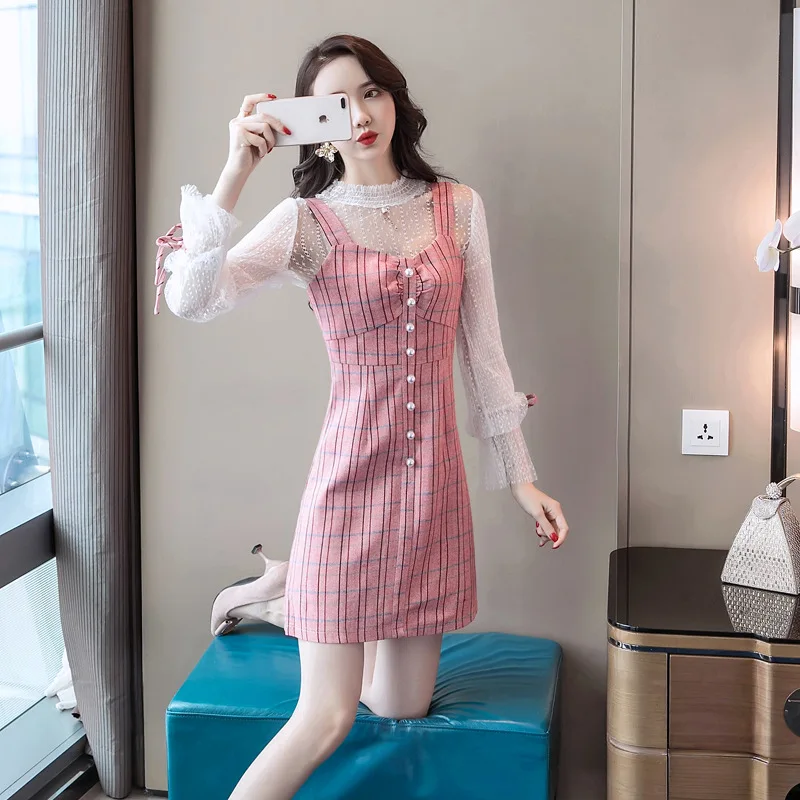 

Korean-style WOMEN'S Wear 2018 Short-height Half-Turtle-Neck Transparent Bell Sleeve Lace Shirt + Plaid Vest Skirt Two-Piece Set