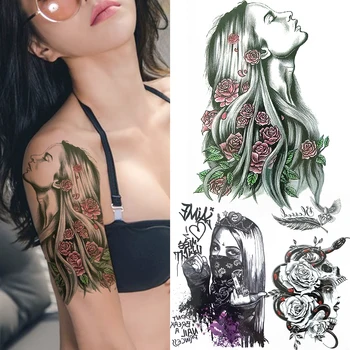 

Unique Harajuku Fake Temporary Tattoo For Female Watercolor Masked Women Tattoos Sticker Skeleton Sanke Rose Flower Tatoo Hands
