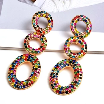 Wholesale Fashion Round Metal Colorful Crystals Long Dangle Drop Earrings Fine Jewelry Accessories For Women Christmas Gift