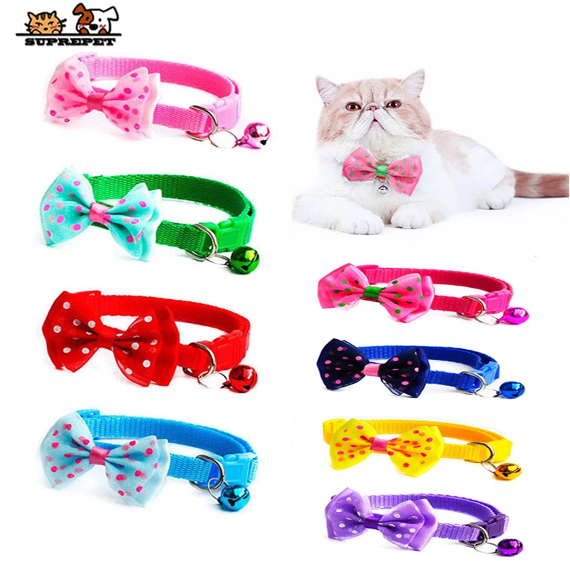 Polyester Pet Cat Collars With Bowknot Sash Small Bells Ribbons ID Tag