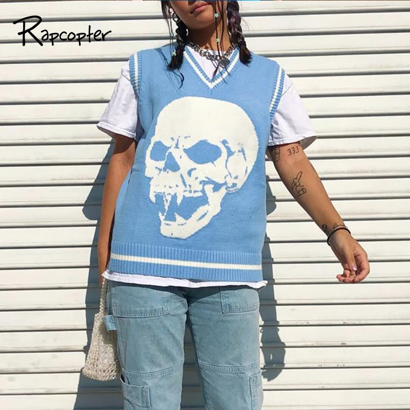 Rapcopter-suéteres Y2K para mujer, suéteres de calaveras con cuello de pico, blusas de punto azules informales holgadas, ropa de calle Retro para mujer, Tops de punto 2020
