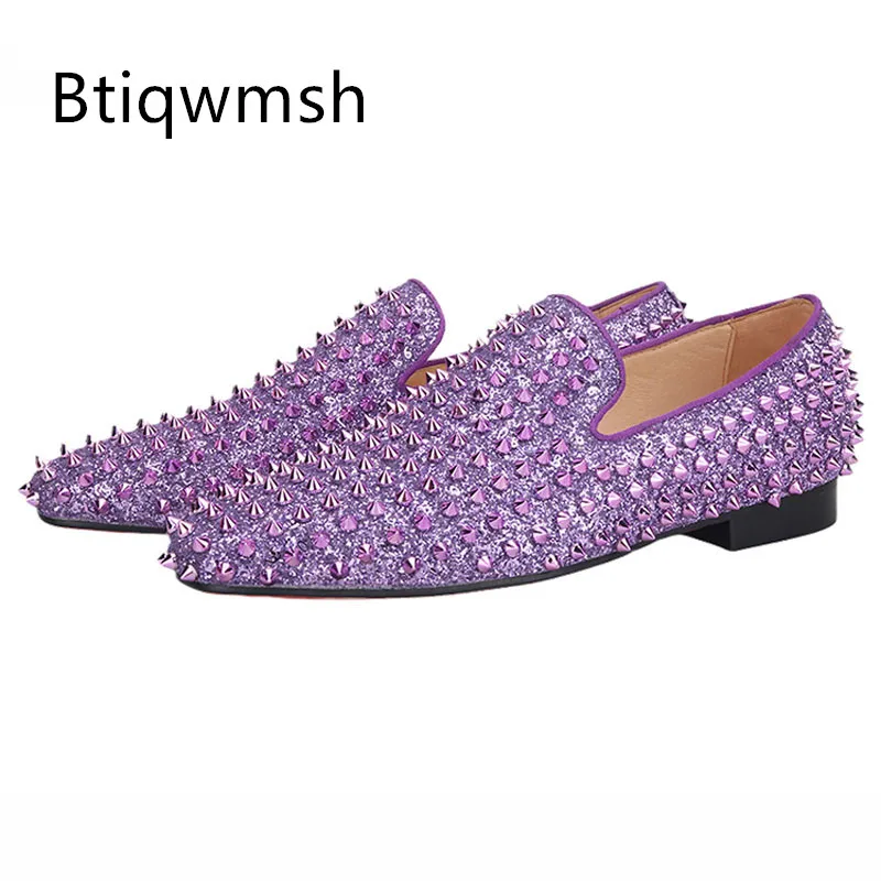 Purple Sequined Studded Shoes Men 