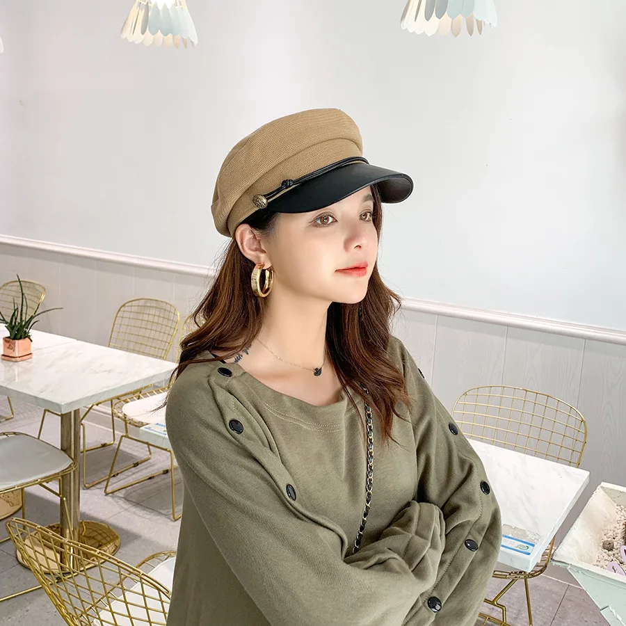 Fashion black hat ladies casual streetwear rope flat top hat elegant solid autumn and winter warm beret ladies