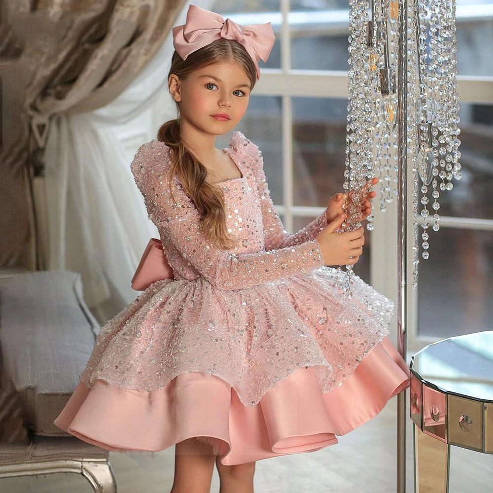 Cute Pink Kids Party Dresses for Birthday Long Sleeves Square Neck Sequin Lace Knee Length Flower Girl Dress Pageant Gowns