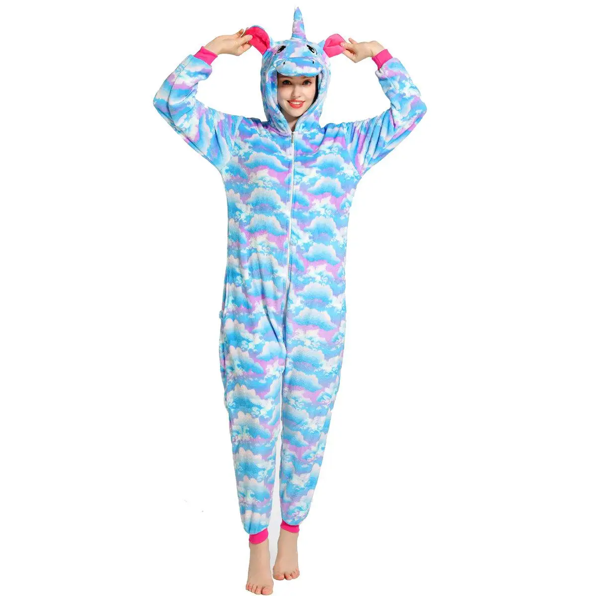 Women Unicorn Pajamas Sets Kigurumi Flannel Animal Pajamas Kids Women Winter Nightie Hooded Pyjamas Sleepwear Cartoon Homewear - Цвет: White clouds TianMa