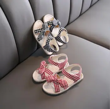 

Summer children's grid sandals kids girls shoes fashion sandals bow princess shoes pastoral style soft bottom beach sandals