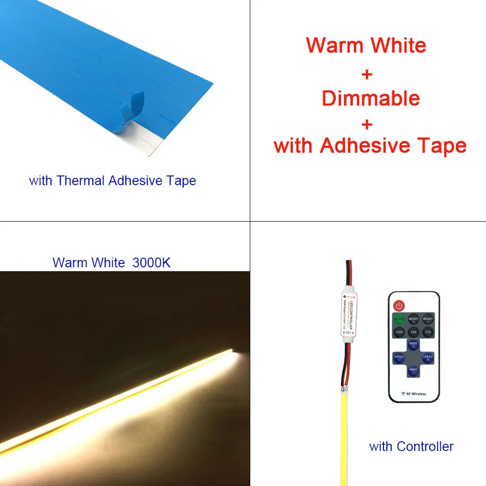 WW TAPE RC 10pcs 10 шт. 20 см COB светодиодный светильник чип на плате DC 12 В источник освещения DIY авто лампы для дома с регулируемой яркостью 200 мм 7.87in Светодиодная лента - Emitting Color: WW TAPE RC 10pcs