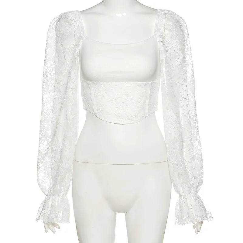 New Women's Lace Long-sleeved Top Square Neck Slim Short T-shirt Autumn Sexy Lady Party Wear
