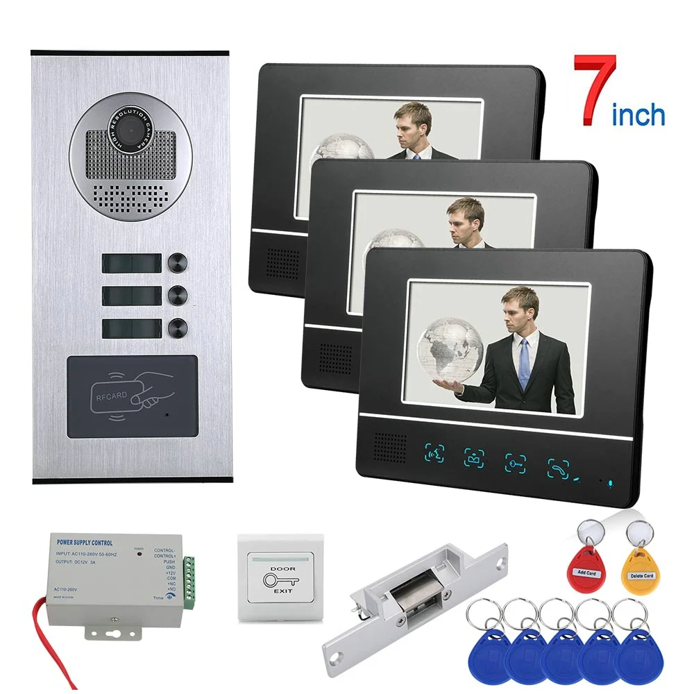 7 inch Touch Button 3 Apartment Video Door Phone Intercom System RFID 1000TVL Doorbell Camera +NO Electric Strike Door Lock 7 inch Touch Button 3 Apartment Video Door Phone Intercom System RFID 1000TVL Doorbell Camera +NO Electric Strike Door Lock