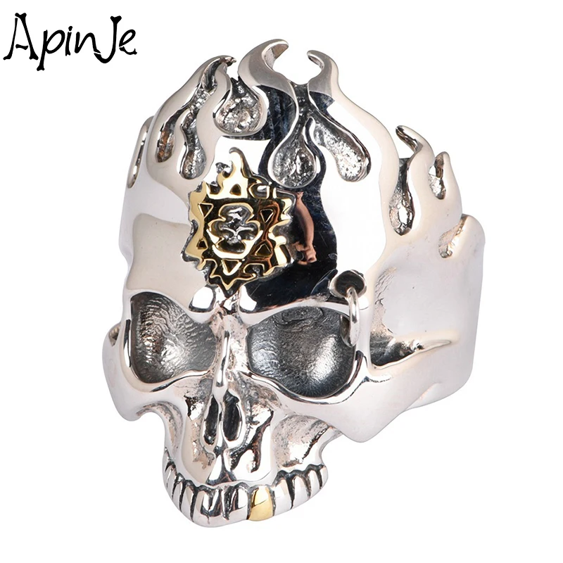 

Apinje 925 Silver Vintage Ring for Men Punk Style Silver Skull Ring Cool Flame Skull Jewelry