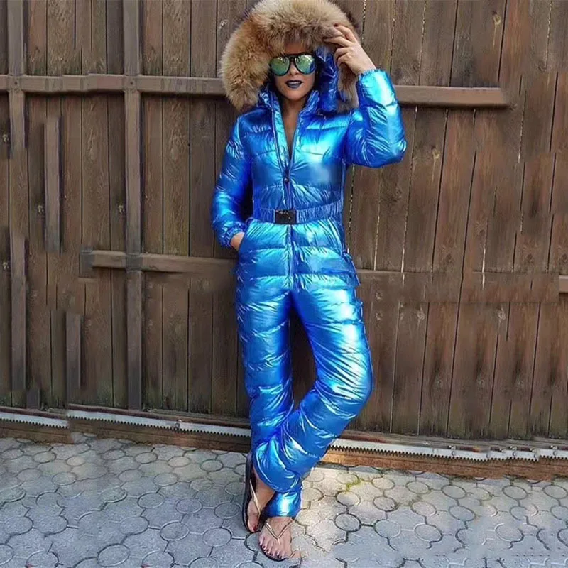 

Glossy White Down Jacket Pants Jumpsuit Rompers Women 2019 Winter Warm Real Racoon Fur Hooded Outerwear One Piece Snow Ski Suit