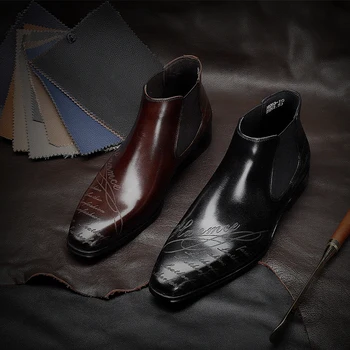 

Men winter Boots Genuine cow leather chelsea boots brogue casual ankle flat shoes Comfortable quality slipon dress boots