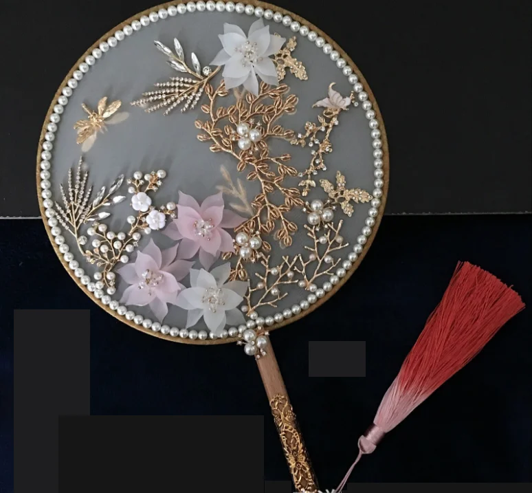 Vintage Chinese Jewelry Decorative Fans Classical Palace Fan Pearls Beaded Metal Bridal Round Hand Fan Wedding Accessories LF818 - Цвет: Темно-зеленый