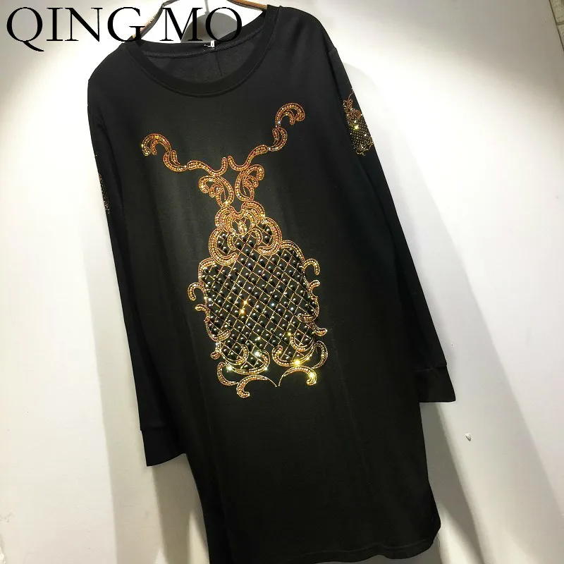 

QING MO Women Rhinestone Dress With Beading Women Cartoon Printed Tshirt Dress Black Full Sleeve Knee Length Dress 2019 ZQY1574