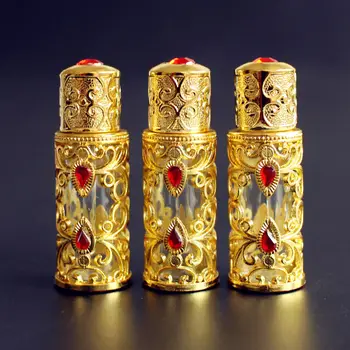 

Hot Sales_4pcs/lot 3ml Alloy Glass Perfume Bottle Arab Style Metal Essential Oils Bottle With Glass Dropper GOLD Color