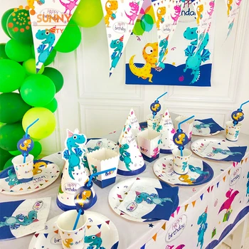 

Dinosaur Theme Disposable Tableware Kids Birthday Party Decoration Paper Cups Plates Straws Tablecloth Dinosaur Party Supplies