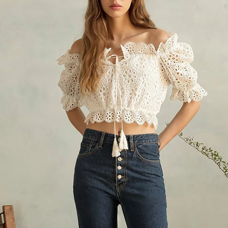 

Solid Casual Women Blouse Slash Neck Puff Sleeve Tassel Bandages Hollow Out Crop Tops Female Spring 2019 Fashion