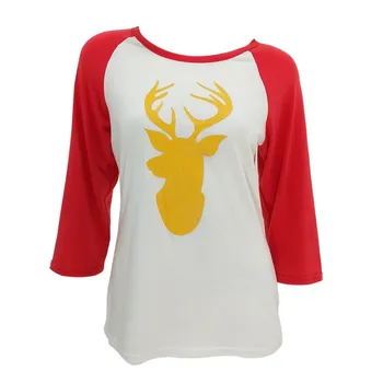 

Winter Christmas Women T-shirts Round Neck Long Sleeve Cartoon Moose Print Tees Tops Casual Female T-shirts