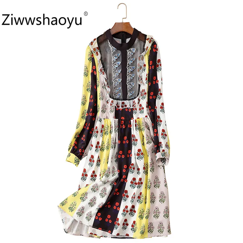 

Ziwwshaoyu Elegant Color Matching Flower Printed Dress Women Sexy Lace Embroidery Long Sleeve Autumn Party Dresses