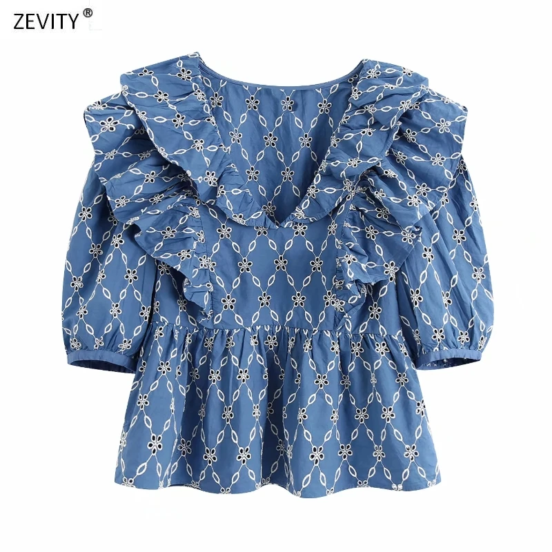 Zevity New Women v neck cascading ruffles casual smock blouse shirts women hollow out embroidery femininas blusas tops LS6799 Zevity New Women v neck cascading ruffles casual smock blouse shirts women hollow out embroidery femininas blusas tops LS6799