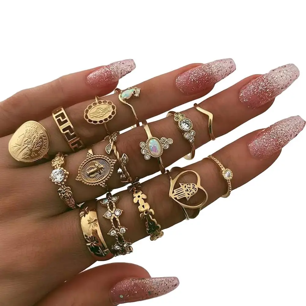 

15Pcs/Set Retro Carved Cross Faux Opal Rhinestone Inlaid Lady Stacking Midi Ring