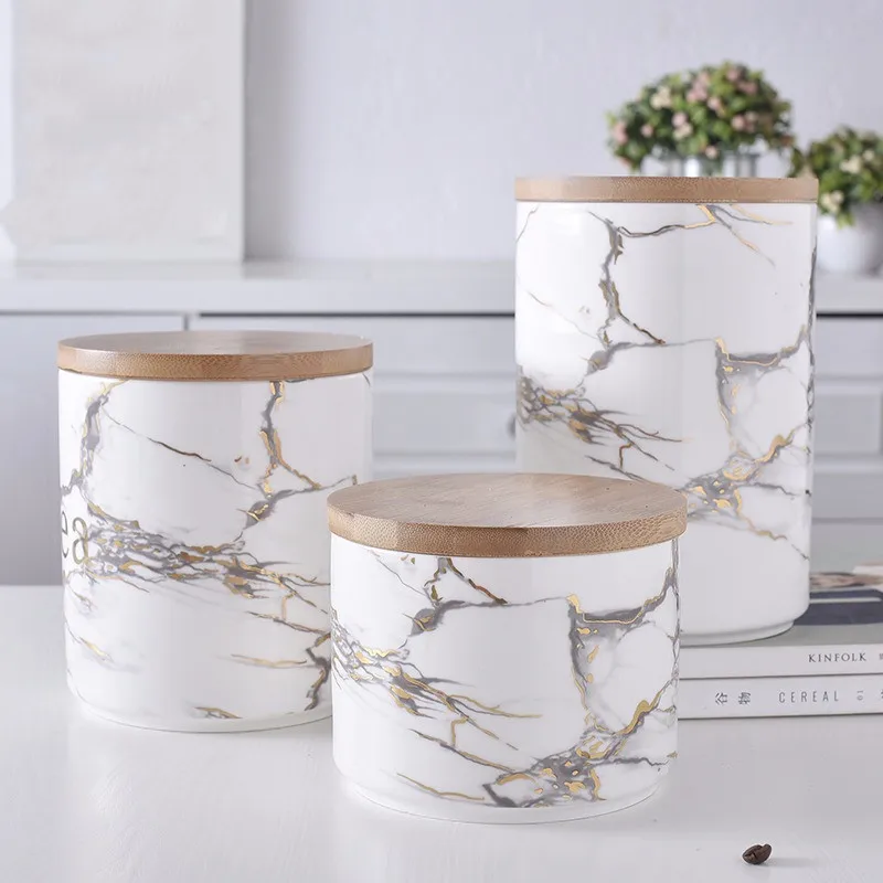 Nordic Marbled Texture Ceramic Seasoning Jar Set Sealed Cans Storage Wood Cover Fresh-keeping Jars Dried Fruit Miscellaneous Gra | Дом и сад