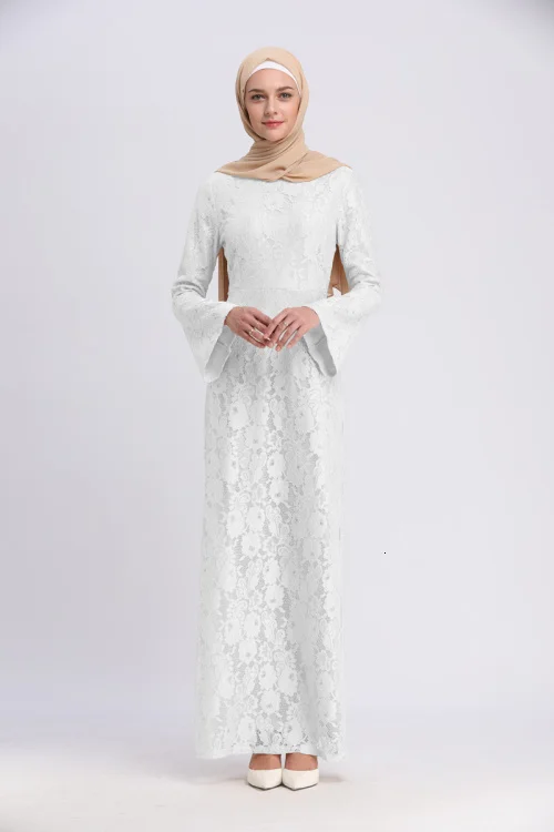 white Элегантное мусульманское кружевное платье-футляр abaya, макси, кардиган с расклешенными рукавами, длинные халаты, туника, мусульманская одежда - Цвет: white