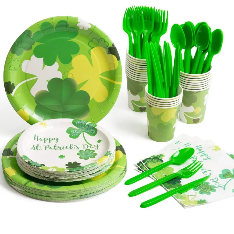

St Patrick Day Plates Party Supplies Shamrocks Paper Plates, Napkins Cups and Plastic Silverware for Saint Patrick and Irish