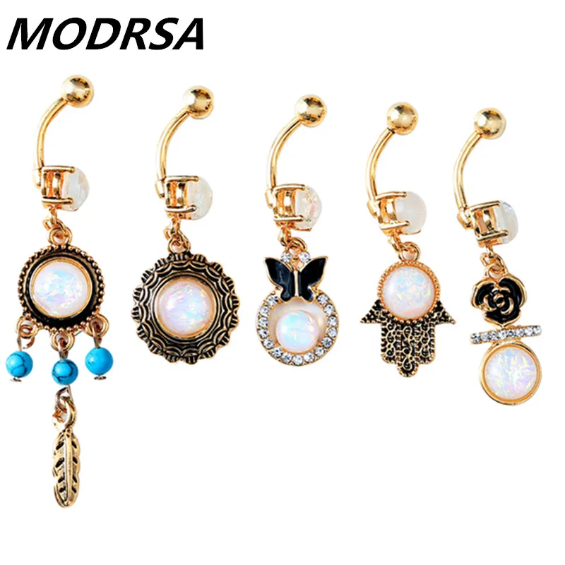 5PCS Opal Bow Belly Button Ring set Stainless Steel Fatima Hand Navel Piercing Catch Dream Bars Ombligo lot | Украшения и