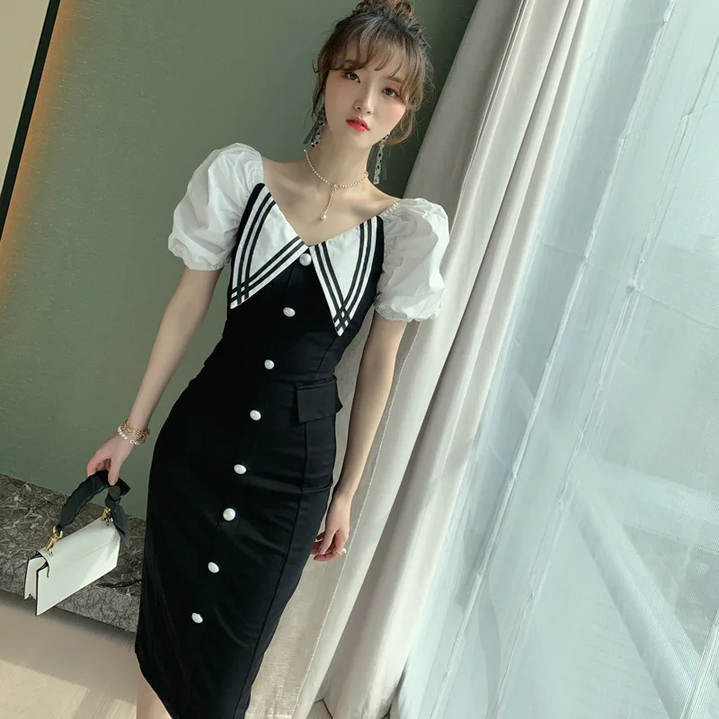 

Summer Women Short Sleeve Peter Pan Collar Girls Dress Vintage Bodycon Dresses Elegant Sexy Party Patchwork Pencil Dress Vestido