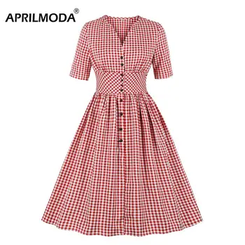

Hepburn Vintage Party Dress Plaid V-Neck Short Sleeve Summer Dress 50s Rockabilly Belt Pin Up Dresses Plus Size Women Clothing