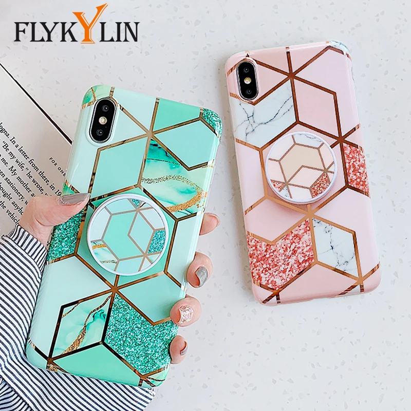 

FLYKYLIN Marble Case For iphone XR X XS Max XR 6S 6 S 7 8 Plus Back Cover on Splice Plating IMD Silicon Phone Coque Holder Stand
