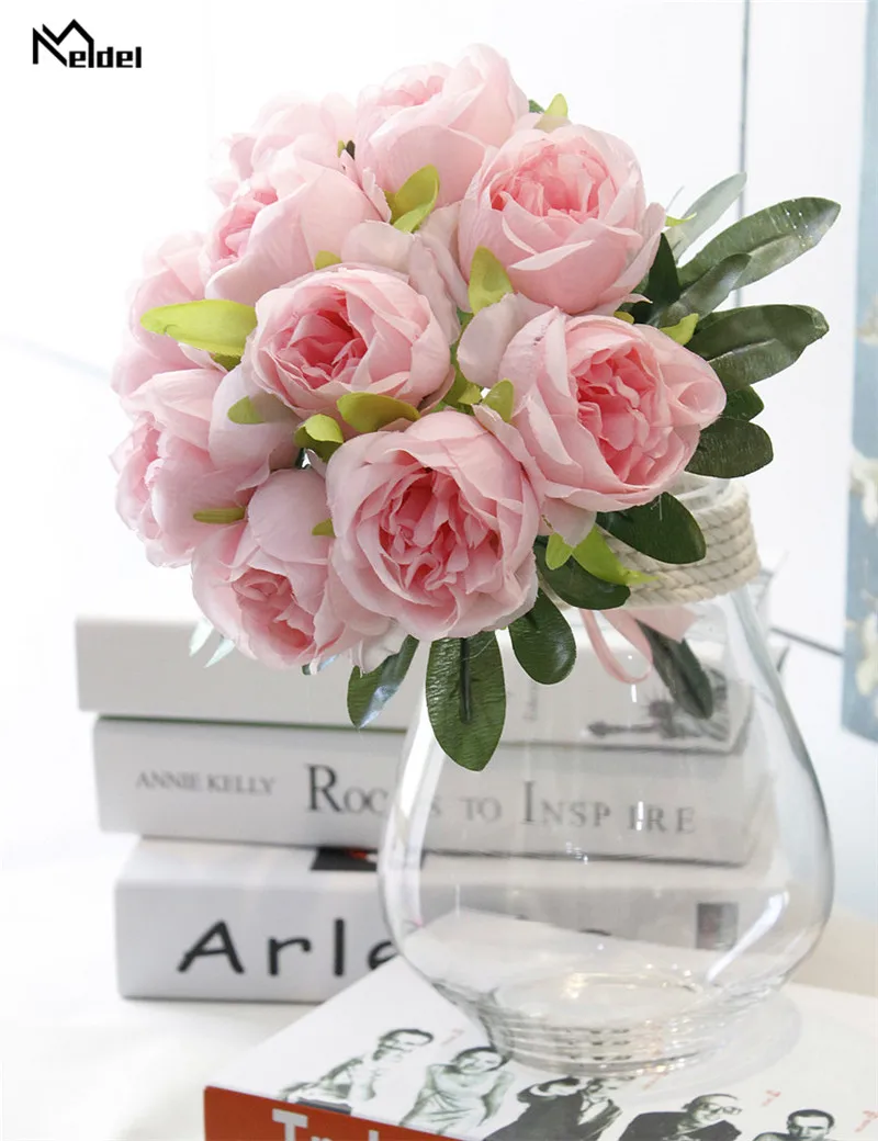 Meldel 10 Heads Artificial Flowers Roses Bouquet Silk Fake Flower with Leaves for DIY Home Garden Wedding Decor Pink White Flore | Дом и сад