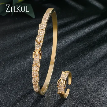 

ZAKOL Trendy Micro-Inset Cubic Zirconia Fishtail Belt Fashion Bridal Jewelry Bracelet Ring Set for Women Wedding Dinner FSSP3150