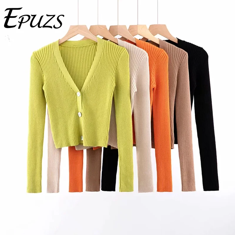 

Sexy deep v neck cropped cardigan women Orange black knitted cardigan Streetwear long sleeve knit sweater korean clothes 2019